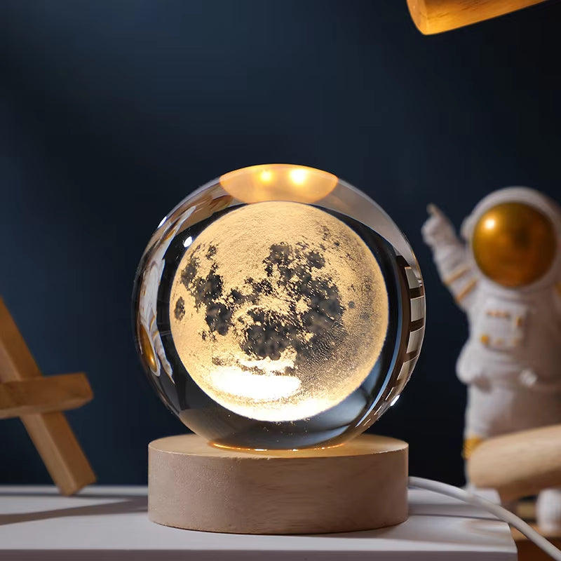 6/8Cm 3D Crystal Ball Planet Night Light Laser Engraved Solar System Globe Astronomy Festival Gifts Home Desktop Decoration