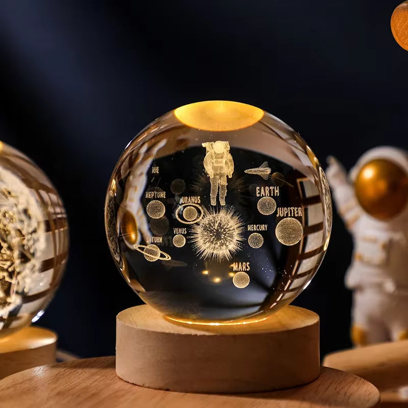 6/8Cm 3D Crystal Ball Planet Night Light Laser Engraved Solar System Globe Astronomy Festival Gifts Home Desktop Decoration